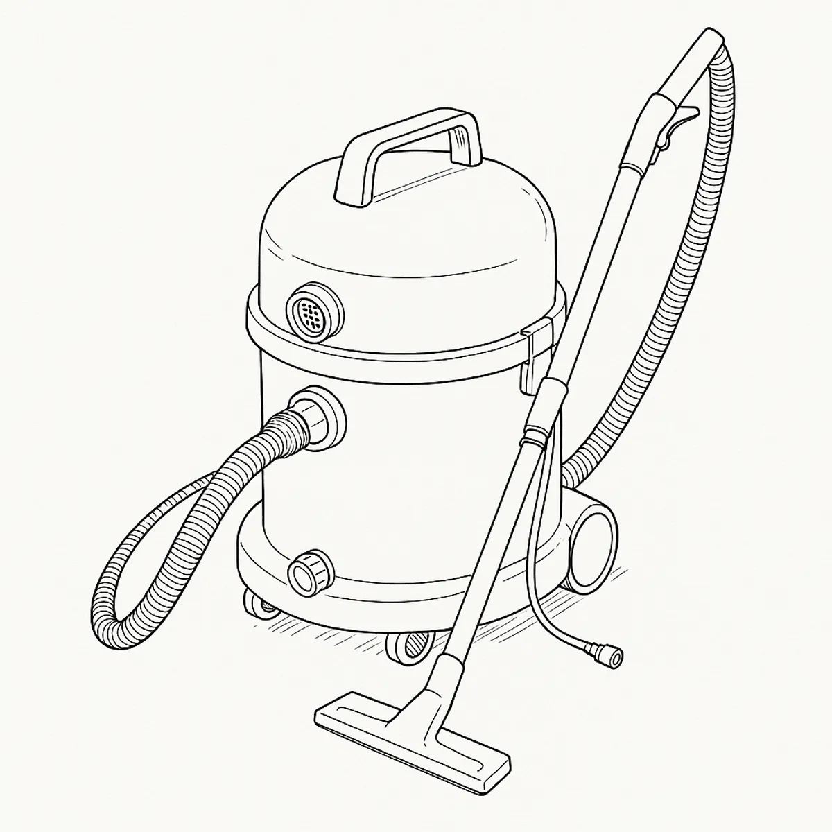 Line-art illustration of a Numatic George GVE370 wet and dry vacuum cleaner, showing the body, hose, spray trigger wand and the float valve housing inside the recovery tank opening