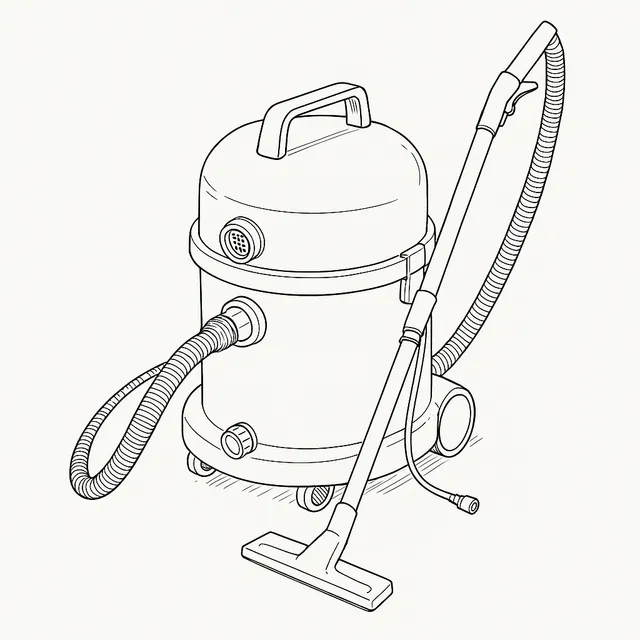 Line-art illustration of a Numatic George GVE370 wet and dry vacuum cleaner, showing the body, hose, spray trigger wand and the float valve housing inside the recovery tank opening