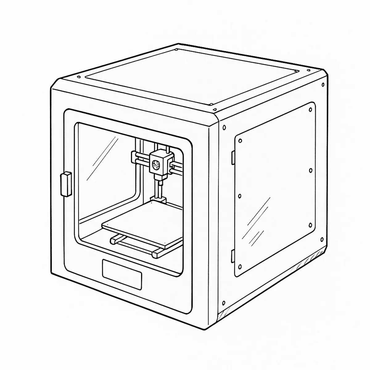 Line-art illustration of the Prusa CORE One, an enclosed cube-shaped 3D printer with a hinged front door, showing the side panel over the X/Y motor and belt assembly