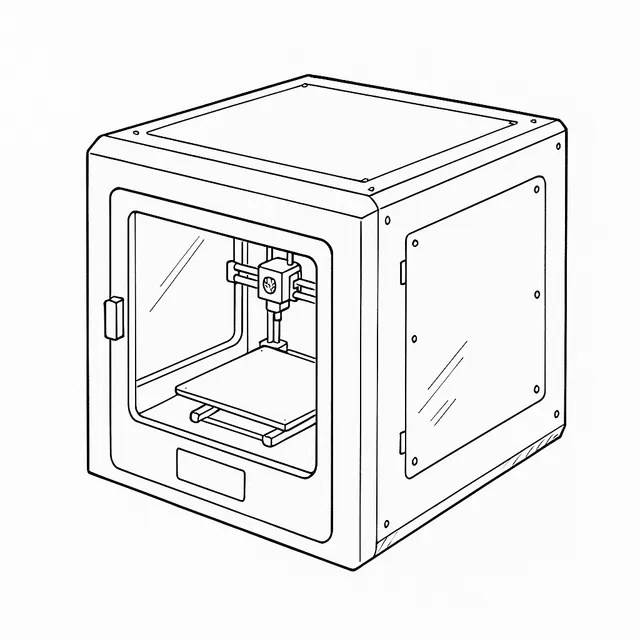Line-art illustration of the Prusa CORE One, an enclosed cube-shaped 3D printer with a hinged front door, showing the side panel over the X/Y motor and belt assembly