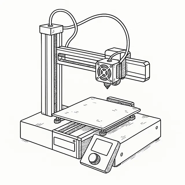 Line-art illustration of the Prusa MINI 3D printer showing its single Z column, print head and front control screen