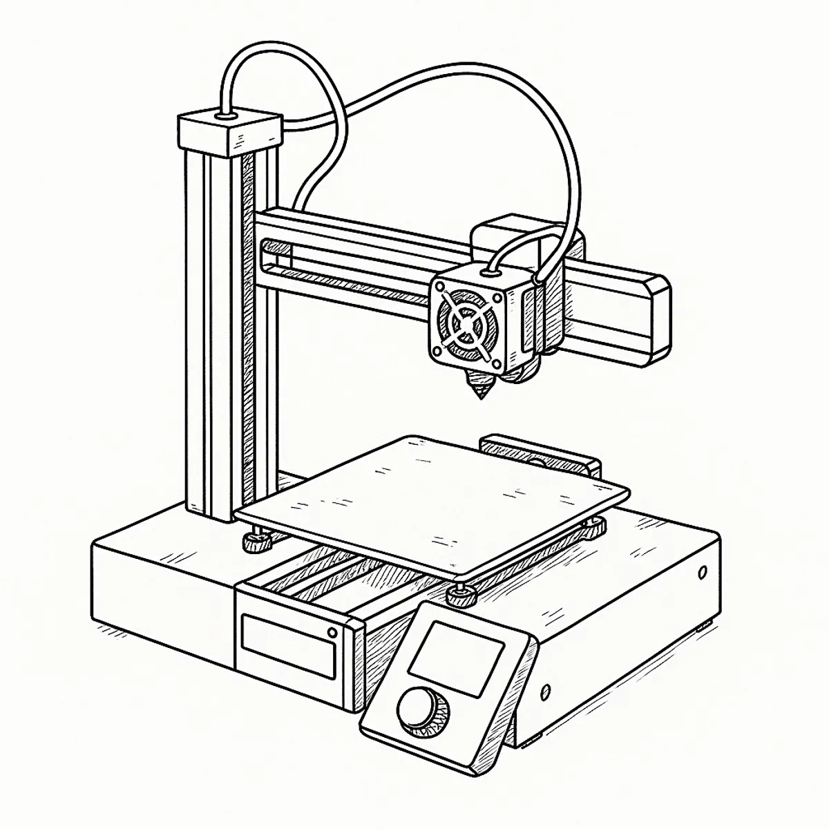 Line-art illustration of the Prusa MINI 3D printer showing its single Z column, print head and front control screen