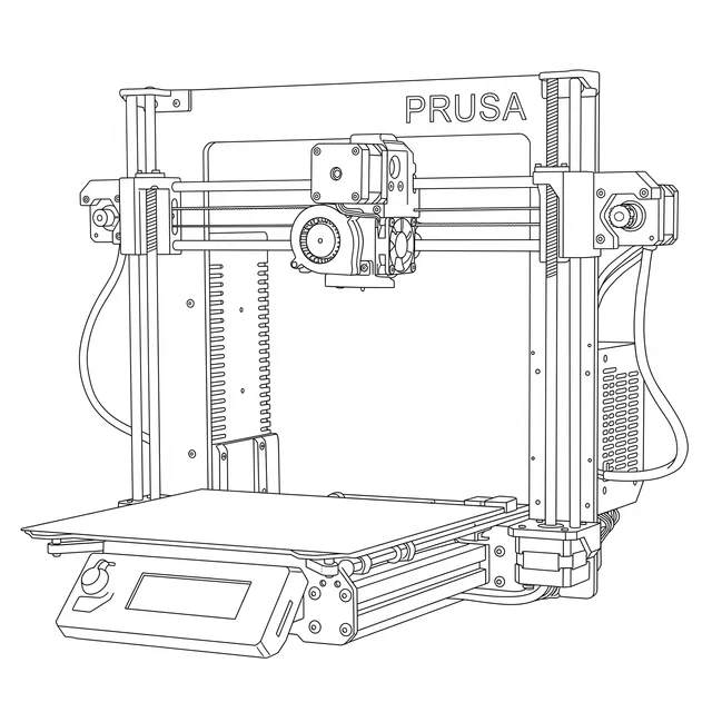 Line-art illustration of a Prusa i3 MK3S 3D printer