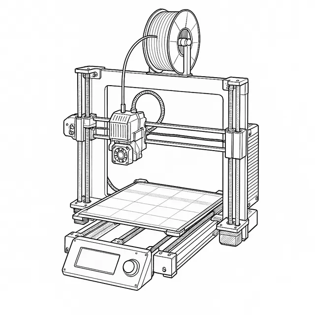 Line-art illustration of the Prusa MK4 3D printer showing its frame, lead screws, print head and heated print sheet