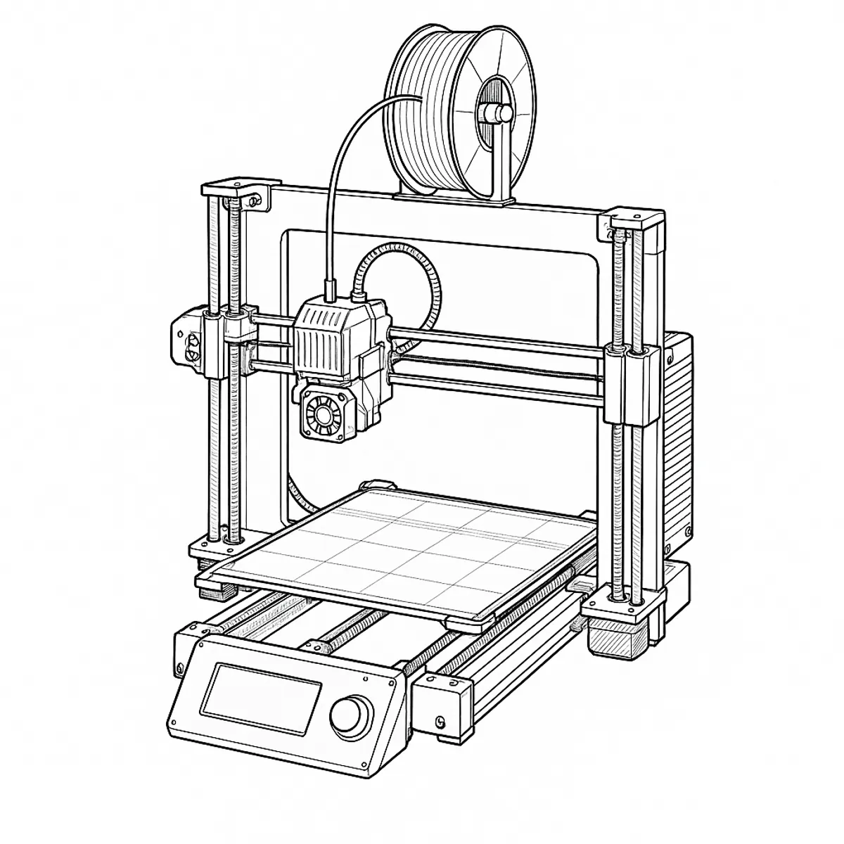 Line-art illustration of the Prusa MK4 3D printer showing its frame, lead screws, print head and heated print sheet