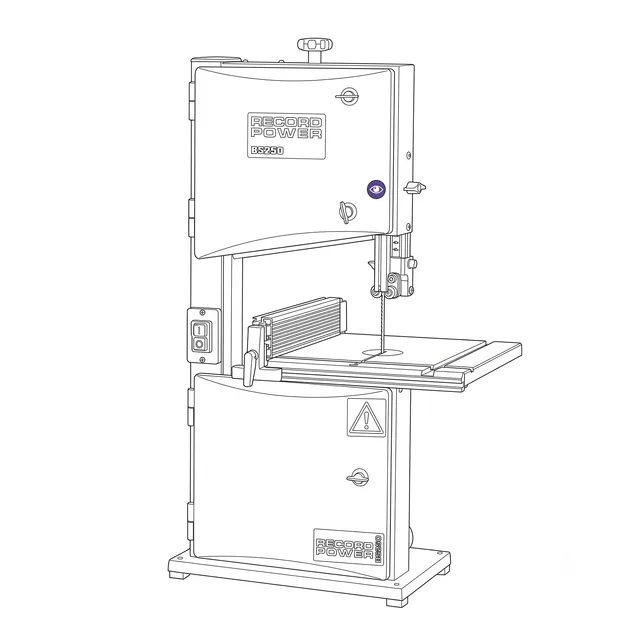 Line-art illustration of the Record Power BS250 benchtop bandsaw with its table, fence, and blade guides