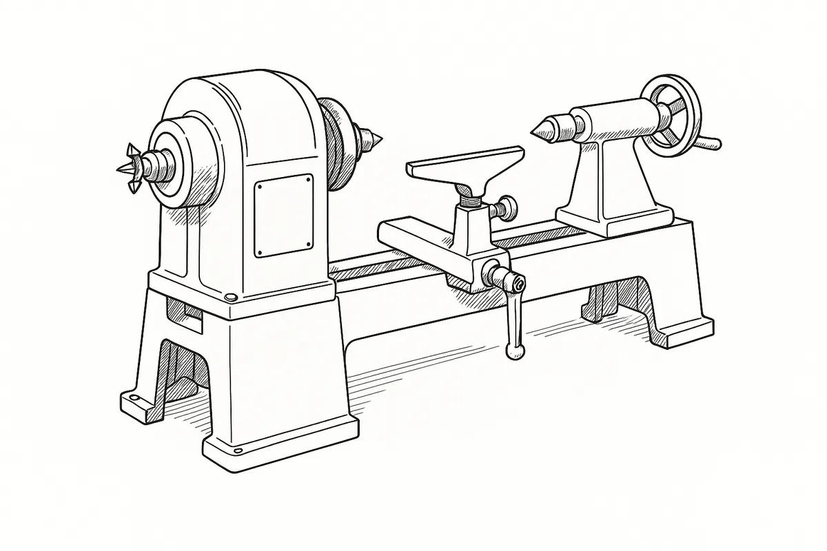 Line-art illustration of the Record Power CL2 woodturning lathe showing its headstock, bed bars, tool rest and tailstock