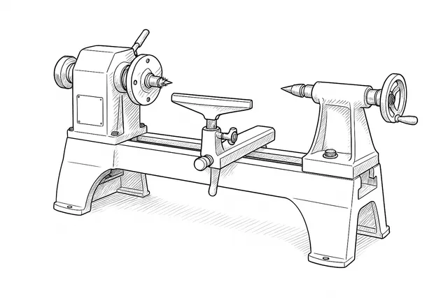 Line-art illustration of the Record Power CL3 woodturning lathe showing its headstock spindle, tool rest and tailstock