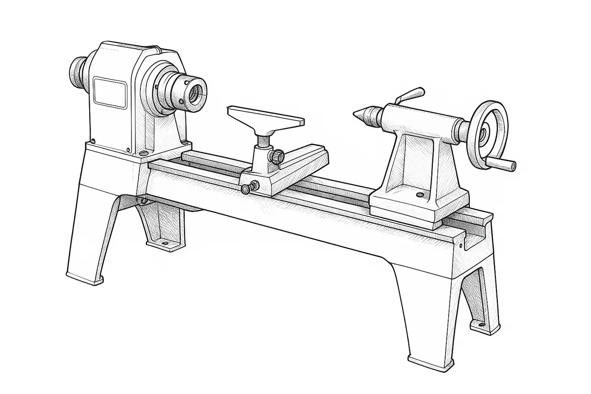 Line-art illustration of the Record Power CL4 woodturning lathe showing its headstock, swivel head, bed bars and tool rest