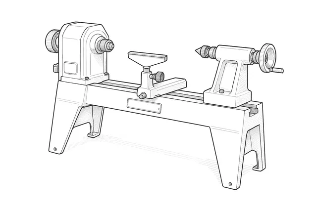 Line-art illustration of the Record Power DML250 cast iron mini lathe showing its headstock, spindle, motor mount and integral legstand