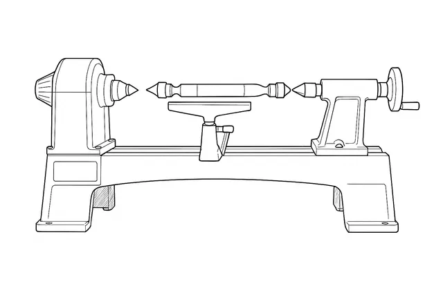 Line-art illustration of the Record Power DML305 cast iron midi lathe showing the headstock and tailstock centres, the six-speed pulley cover and the tool rest