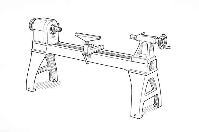 Line-art illustration of the Record Power Envoy wood lathe showing the tool rest, bed and headstock