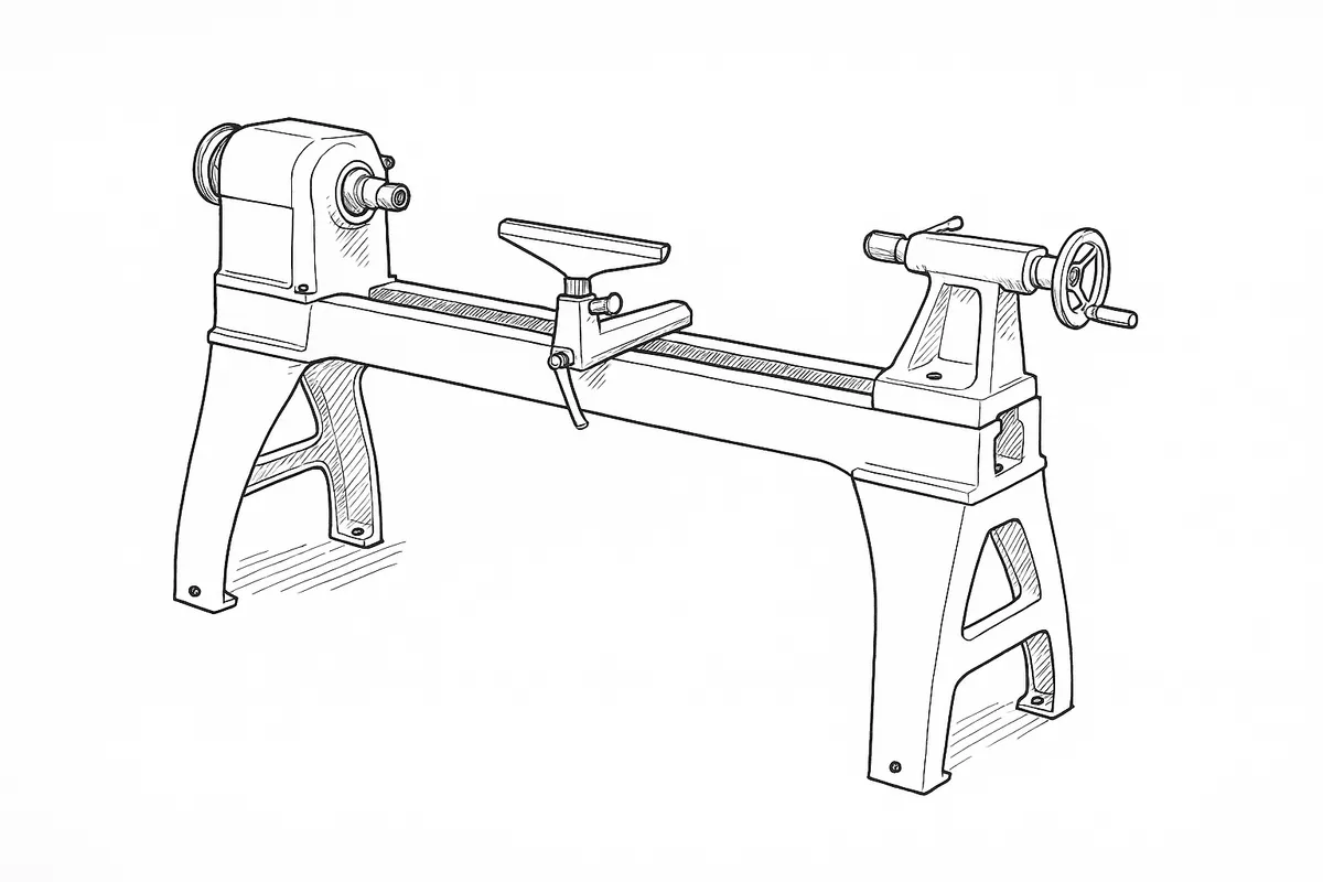 Line-art illustration of the Record Power Envoy wood lathe showing the tool rest, bed and headstock