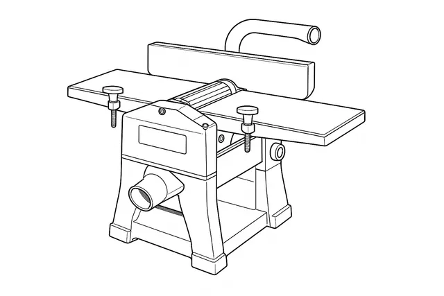 Line-art illustration of the Record Power PT260 planer thicknesser showing the locking table handles, the dust extraction hood under the table, and the swing-over thicknessing outlet