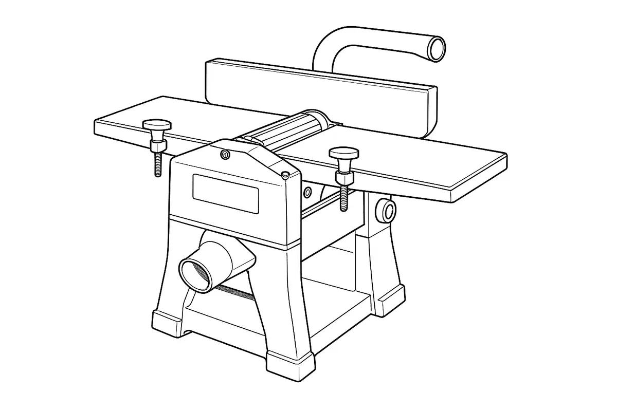 Line-art illustration of the Record Power PT260 planer thicknesser showing the locking table handles, the dust extraction hood under the table, and the swing-over thicknessing outlet