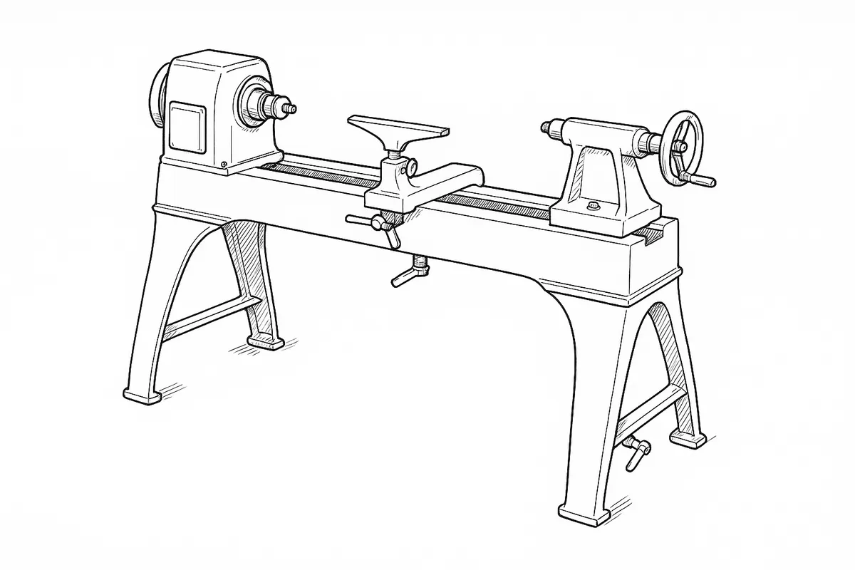 Line-art illustration of the Record Power Coronet Regent wood lathe showing the tailstock, its locking lever and clamp, the lathe bed, and the tool rest holder