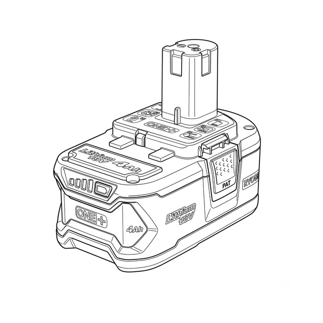 Line-art illustration of a Ryobi ONE+ 18V lithium battery pack with its charge indicator and release latch