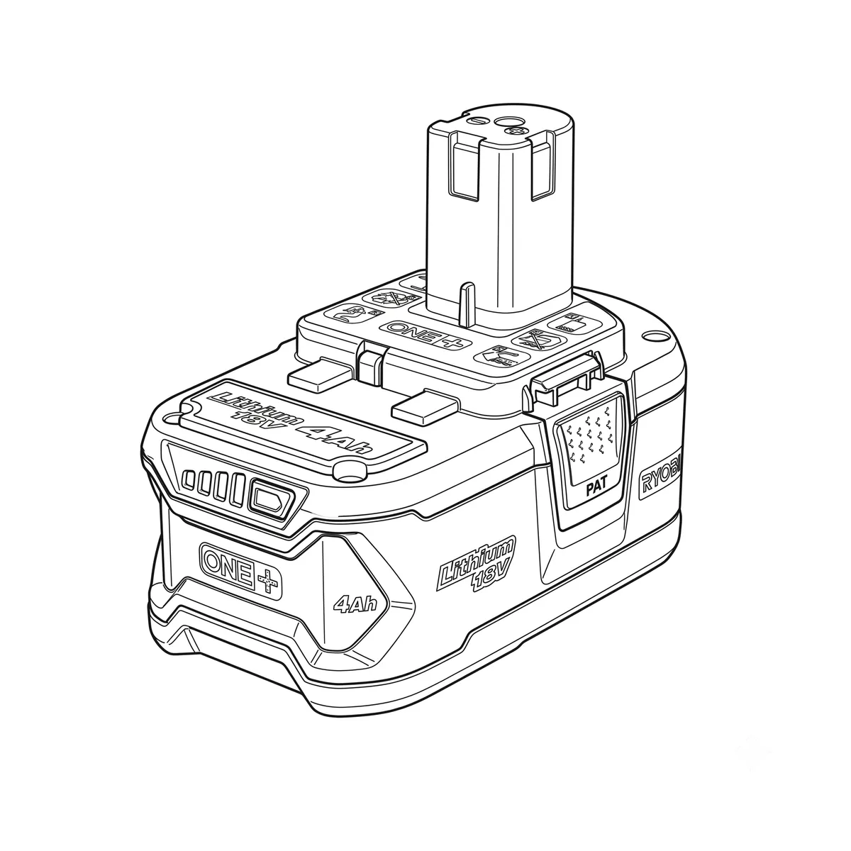 Line-art illustration of a Ryobi ONE+ 18V lithium battery pack with its charge indicator and release latch