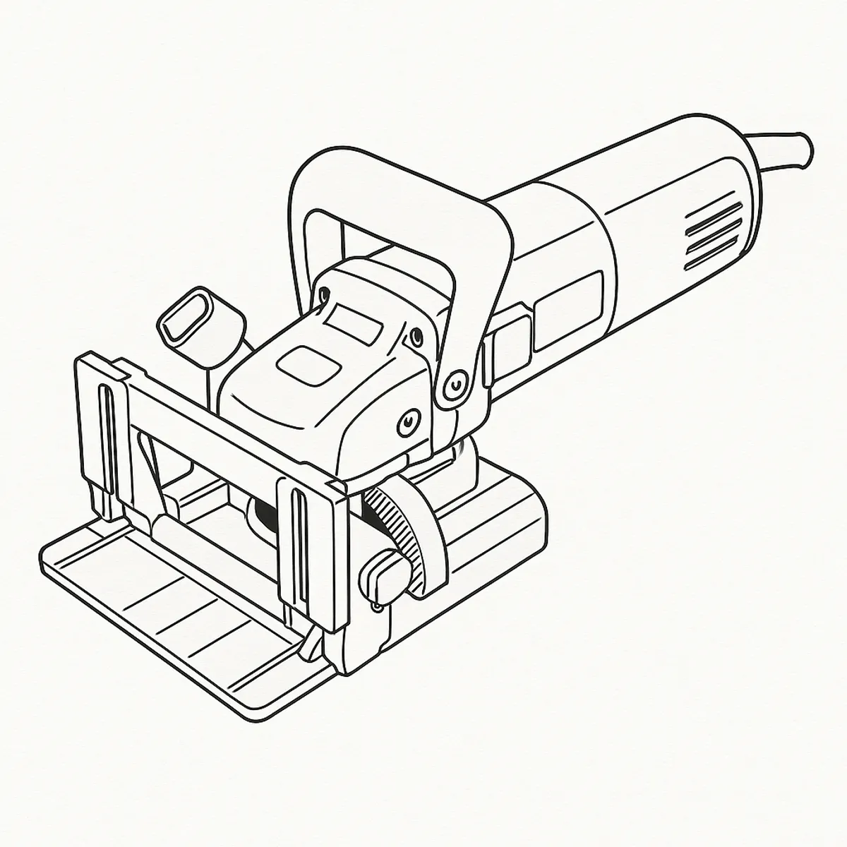 Line-art illustration of the Triton TBJ001 biscuit jointer showing the fence, blade guard, dust port and main handle housing