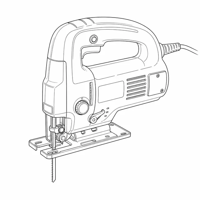 Line-art illustration of the Triton TJS001 jigsaw showing the motor vents, the screw-held brush access cover at the rear and the variable speed dial