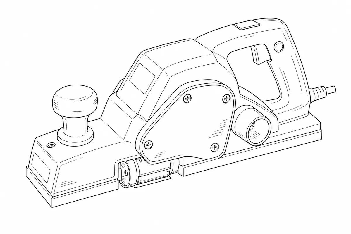 Line-art illustration of the Triton TPL180 power planer showing the drive belt cover on the side of the body, the blade barrel in the sole plate and the rear handle with trigger