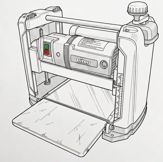 Technical line-art illustration of the Triton TPT125 thicknesser with its infeed table folded down