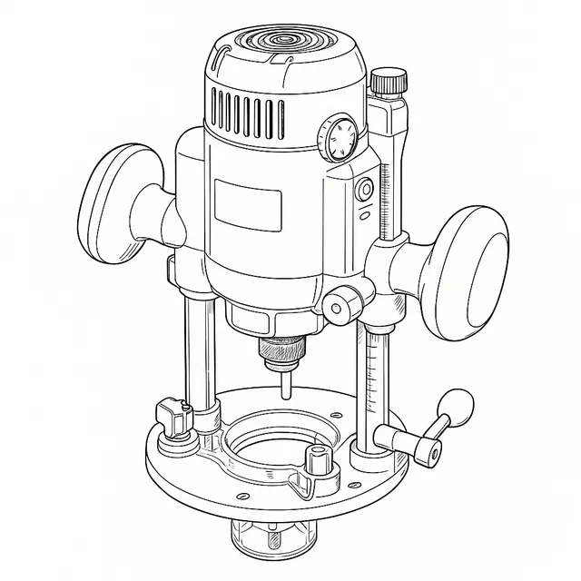Line-art illustration of the Triton TRA001 plunge router showing its plunge posts, base plate and height-adjustment winder
