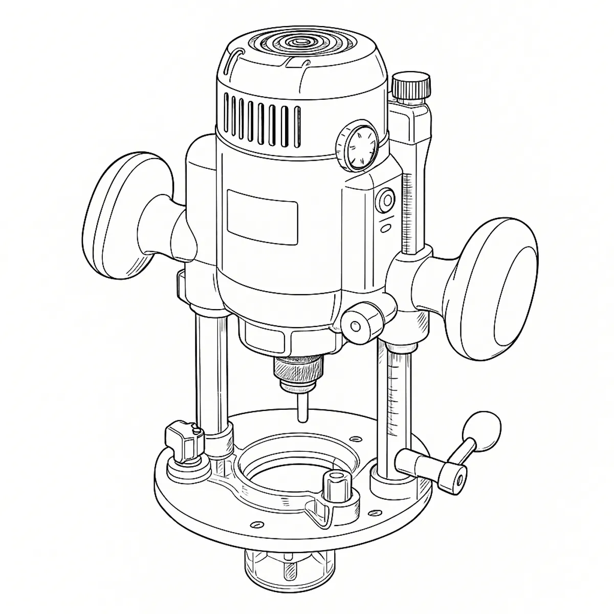 Line-art illustration of the Triton TRA001 plunge router showing its plunge posts, base plate and height-adjustment winder