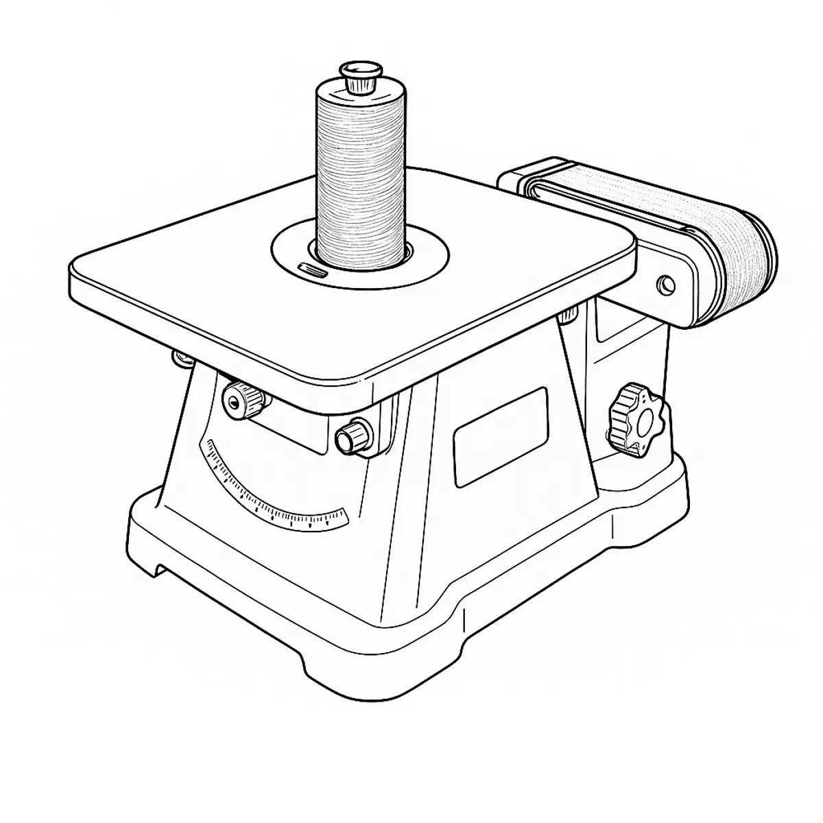 Line-art illustration of the Triton TSPST450 oscillating spindle and belt sander showing its tilting table, spindle drum and belt sanding unit