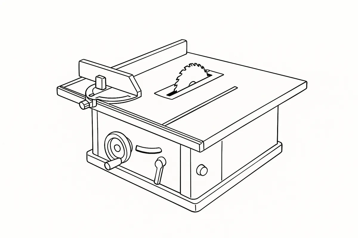 Line-art illustration of the Triton TWX7CS002 contractor saw module table, showing the rip fence, protractor gauge, blade height winder and the circuit breaker reset button on the front housing