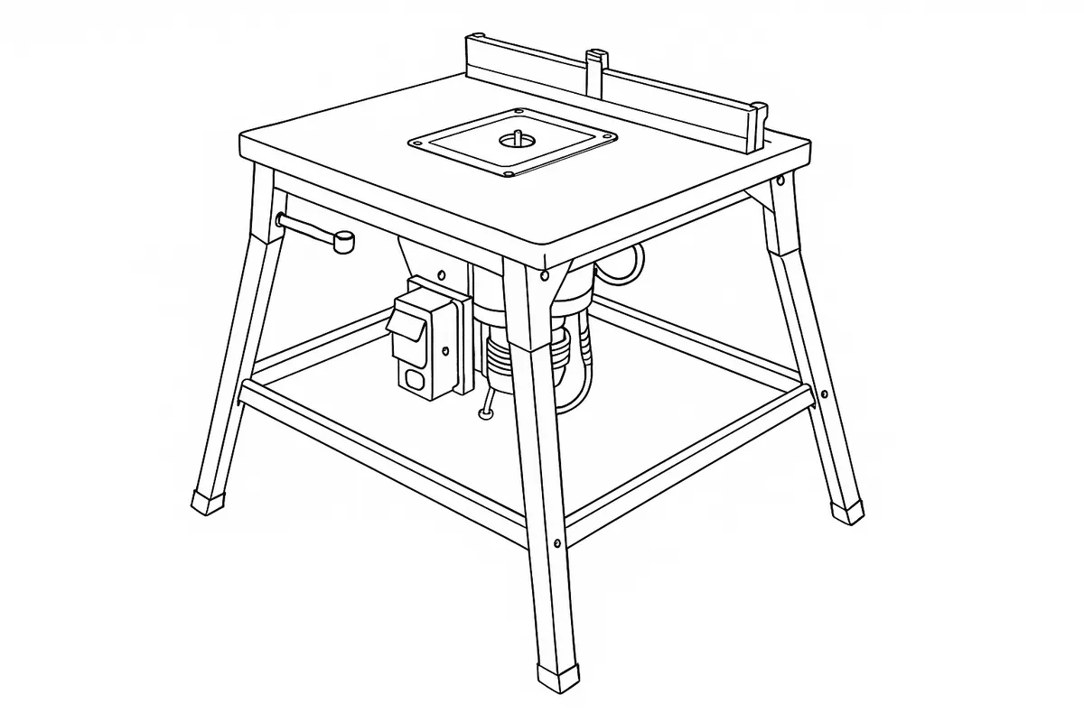 Line-art illustration of the Triton TWX7 Workcentre with the router table module fitted, showing the front ON/OFF switch with its emergency stop flap and the plunge router mounted beneath the table